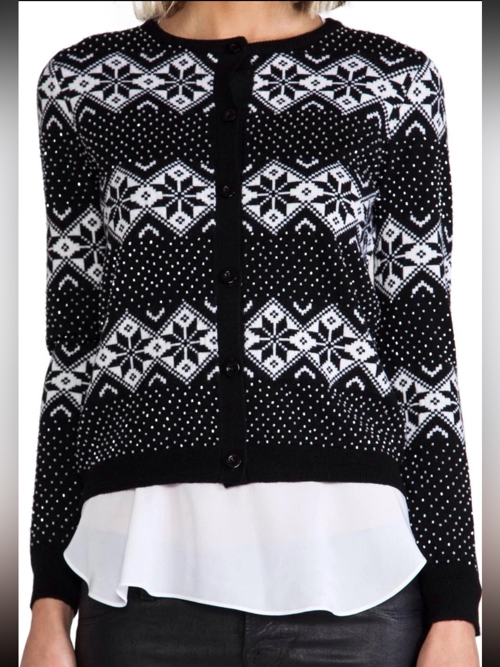 ALICE + OLIVIA SNOW JACQUARD AND BEADS CARDIGAN WOOL KNIT TOP SWEATER SIZE L - Picture 4 of 16